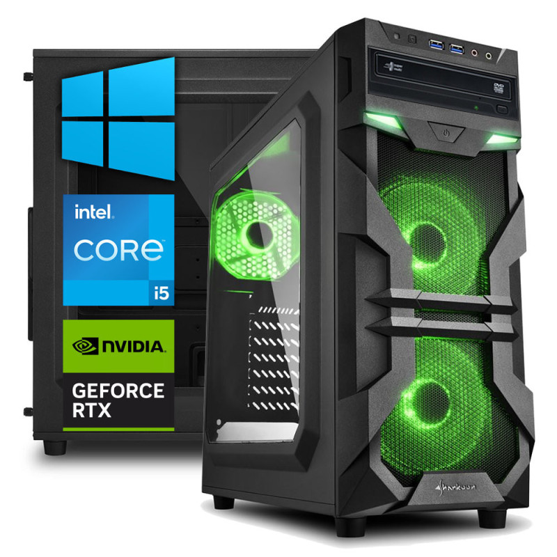 PC gaming Sharkoon con illuminazione verde, processore Intel Core i5 e scheda video NVIDIA GeForce RTX